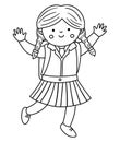 Vector black and white happy girl jumping with joy with hands up. Outline back to school character illustration. Funny pupil in