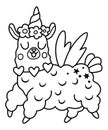 Vector black and white happy llama unicorn. Fantasy animal with rainbow horn, flowers on head, wings, stars. Fairytale line Royalty Free Stock Photo