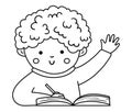 Vector black and white happy schoolboy with hand up. Elementary contour school classroom illustration. Outline clever kid dark