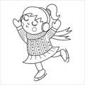 Vector black and white happy skating girl in earmuffs. Cute winter kid line illustration or coloring page. Funny outline picture