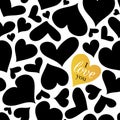 Vector black and white hearts card with one golden heart. Perfect for Valentine`s day. Square shape. Royalty Free Stock Photo