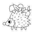 Vector black and white hedgehog carrying mushrooms and apple. Funny woodland animal outline icon. Cute forest line illustration Royalty Free Stock Photo