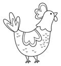 Vector black and white hen icon. Cute cartoon chicken illustration for kids. Outline farm bird isolated on white background. Royalty Free Stock Photo