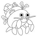 Vector black and white hermit crab with shell icon. Under the sea line illustration with cute funny ocean animal. Cartoon Royalty Free Stock Photo