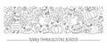 Vector black and white horizontal border set with cute turkeys, pumpkins, harvest and autumn forest elements. Outline Thanksgiving