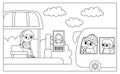 Vector black and white horizontal scene with girl sitting on a stop and bus with driver, passengers. Transportation line