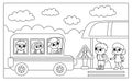 Vector black and white horizontal scene with kids on a stop and arriving school bus with driver, passengers. Transportation line