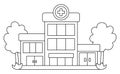 Vector black and white hospital building icon with trees isolated on white background. Medical clinic flat line illustration. Royalty Free Stock Photo