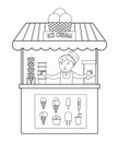 Vector black and white ice cream stall with seller. Line ice-cream stand illustration. Beach dessert shop contour. Cute summer
