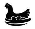 Vector black and white icon of chicken in a nest with hen eggs