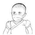 Vector black and white illustration of baby in t-shirt with medical mask on face Royalty Free Stock Photo