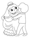 Vector black and white illustration with bride and groom. Cute just married couple. Wedding ceremony line icon. Cartoon marriage