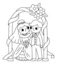 Vector black and white illustration with bride and groom. Cute just married couple. Wedding ceremony line icon. Cartoon marriage