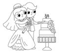 Vector black and white illustration with bride and groom. Cute just married couple. Wedding ceremony line icon. Cartoon marriage