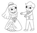 Vector black and white illustration with bride and groom. Cute just married couple. Wedding ceremony line icon. Cartoon marriage