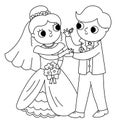 Vector black and white illustration with bride and groom exchanging rings. Cute just married couple. Wedding ceremony line icon. Royalty Free Stock Photo