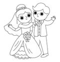 Vector black and white illustration with bride and groom waving hands. Cute just married couple. Wedding ceremony line icon. Royalty Free Stock Photo