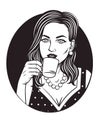 Vector black and white illustration in comic art style of pretty woman with cup of coffee.