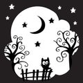 Vector black and white illustration with cute black cat, fence, moon, stars, and hallooween trees Royalty Free Stock Photo