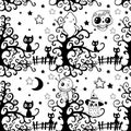 Vector black and white illustration with cute black cat, fence, moon, stars, and hallooween trees Royalty Free Stock Photo