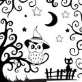 Vector black and white illustration with cute black cat, fence, moon, stars, and owl on hallooween trees. Royalty Free Stock Photo