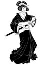 Black and White Illustration of Geisha in Traditional Kimono using japanese katana