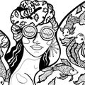 Vector black and white illustration of a girl in glasses.Summer mood, fashionable girl and fish.