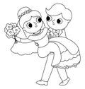 Vector black and white illustration with groom carrying bride on his hands. Cute just married couple. Wedding ceremony line icon. Royalty Free Stock Photo