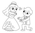 Vector black and white illustration with groom giving the ring to the bride. Just married couple. Wedding ceremony line icon. Royalty Free Stock Photo