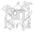 Vector black and white illustration of jungle hoot with palm trees and leaves. Tropical bungalow on stilts sketch. Cute funny