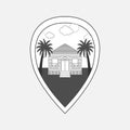 Vector black and white illustration of map pin with beach house and palms.