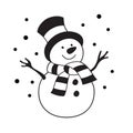 Vector black and white illustration. Cute white snowman cut out on white background