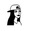 Vector black and white image of a young girl with tattoos. Vector logo hipster girl. Royalty Free Stock Photo