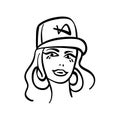 Vector black and white image of a young girl with tattoos. Vector logo hipster girl. Royalty Free Stock Photo