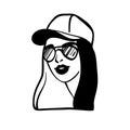 Vector black and white image of a young girl with tattoos. Vector logo hipster girl. Royalty Free Stock Photo