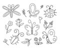 Vector black and white insect and first flower icons pack. Funny spring garden outline collection. Cute ladybug, butterfly, beetle