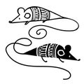 Vector black and white isolated design set of ornamental cute lined mice in sweaters