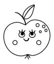 Vector black and white kawaii apple illustration. Contour back to school educational clipart. Cute outline style smiling fruit