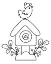 Vector black and white kawaii bird house with snow, bird, twigs. Cute Christmas starling house illustration isolated on white