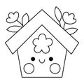 Vector black and white kawaii birdhouse icon for kids. Cute line Easter symbol illustration or coloring page. Funny cartoon