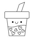 Vector black and white kawaii bubble tea icon with heart shaped tapioca. Line drink clipart. Cute glass illustration. Funny Saint