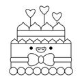 Vector black and white kawaii cake icon with heart shaped toppers and bow. Cute line dessert illustration. Funny Saint Valentine