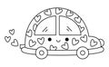 Vector black and white kawaii car with hearts. Line smiling automobile isolated clipart. Cute transport outline illustration.