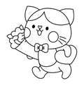 Vector black and white kawaii cat boy going to date with flowers. And candies. Line kitty clipart or icon. Cute kitten