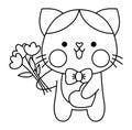 Vector black and white kawaii cat boy icon with bow tie and flowers. Line kitty isolated clipart. Cute kitten illustration. Funny Royalty Free Stock Photo