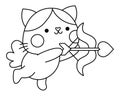 Vector black and white kawaii cat cupid icon with wings, bow and arrow. Line kitty isolated clipart. Cute kitten illustration.