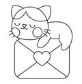 Vector black and white kawaii cat sleeping on envelope with heart. Line kitty isolated clipart. Cute kitten outline illustration.