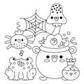 Vector black and white kawaii cauldron with frog, potion, mushroom, spider. Cute Halloween line scene. All saints day illustration Royalty Free Stock Photo