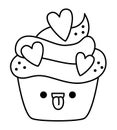 Vector black and white kawaii cupcake icon with heart shaped confetti. Line cake clipart. Cute dessert illustration. Funny Saint