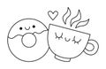 Vector black and white kawaii donut and cup. Line dessert isolated clipart. Cute Saint Valentine day illustration. Funny coloring